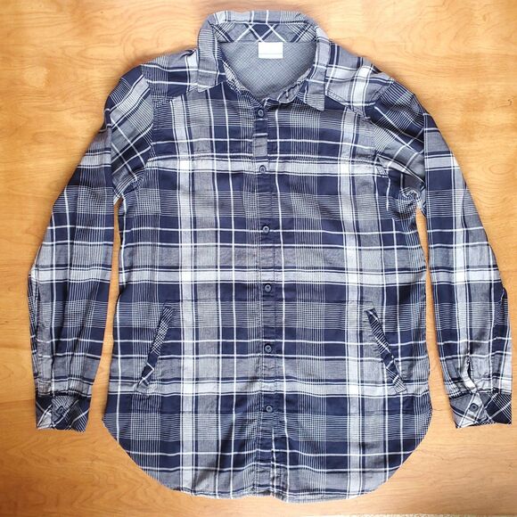 Columbia Plaid Shirt Sz L Times Two Long Sleeve Tunic Blue Roll Tab 100% Cotton - Picture 7 of 11